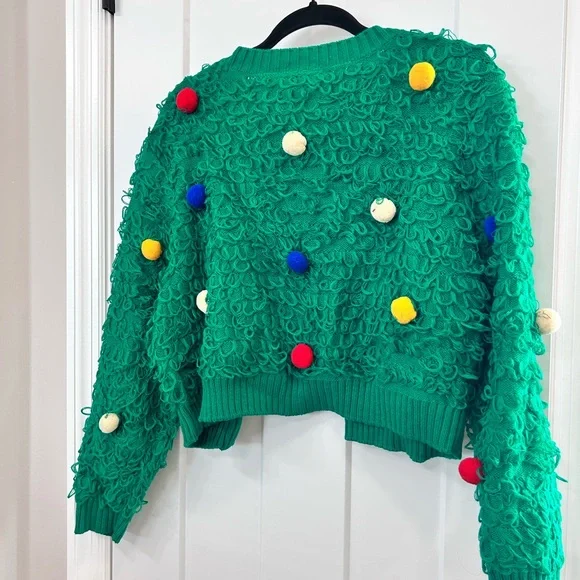 Ugly Christmas Sweater Mighty Fine Green Cardigan with Colorful Pom-Poms - Picture 2 of 4